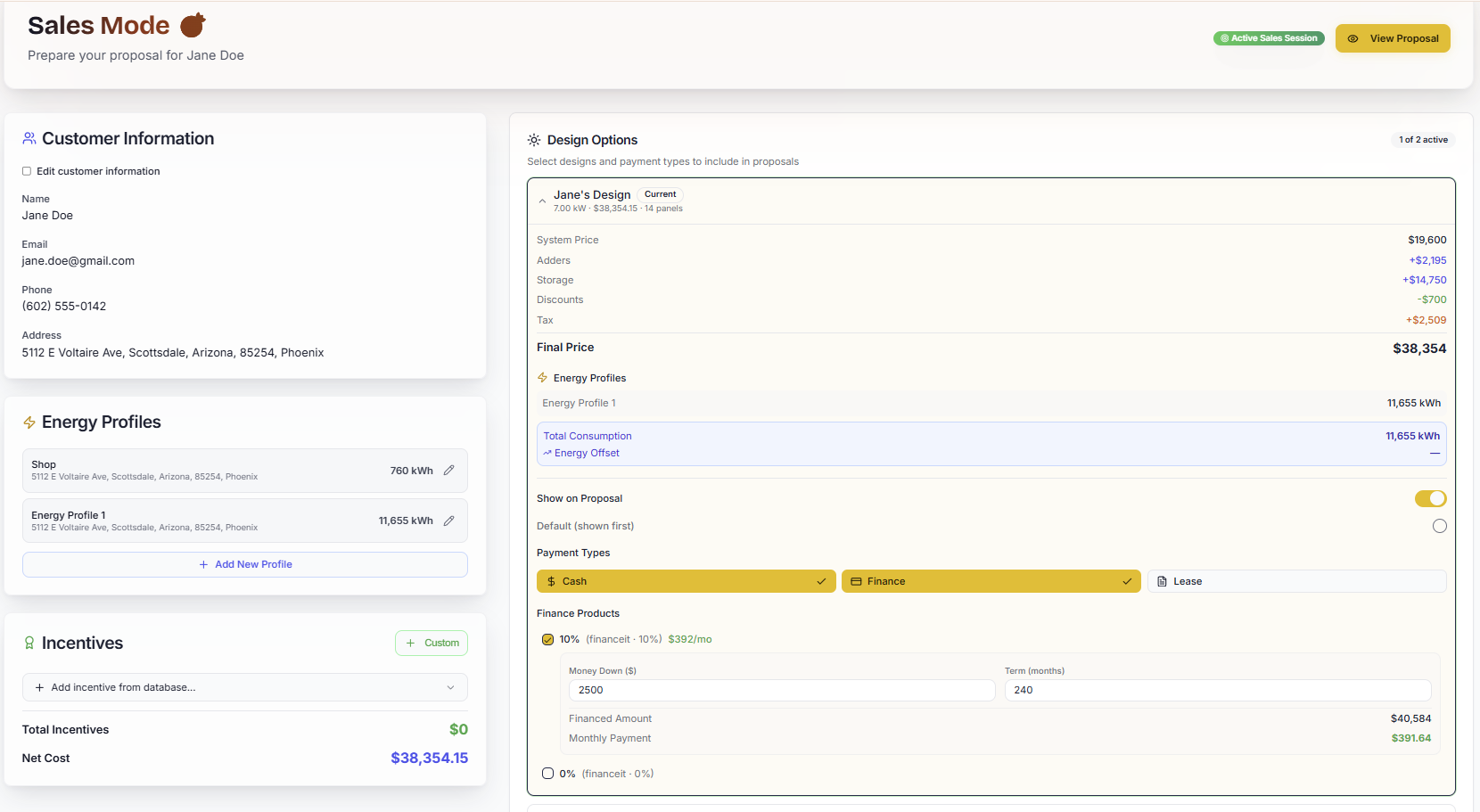 SolarDesk Sales Mode — proposal pricing and financing in one view