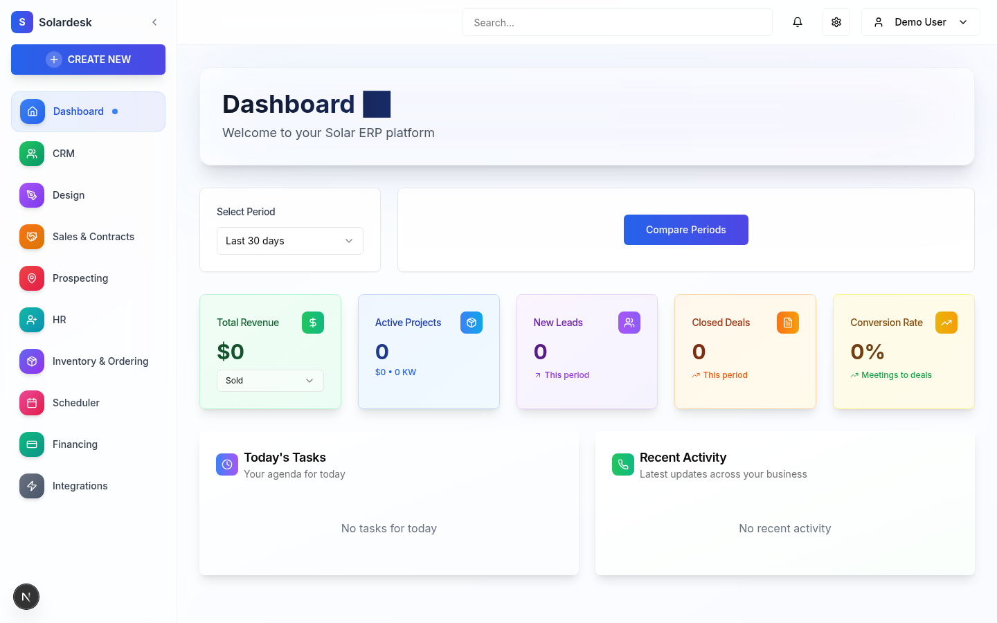 SolarDesk Dashboard showing revenue metrics, active deals, and team activity