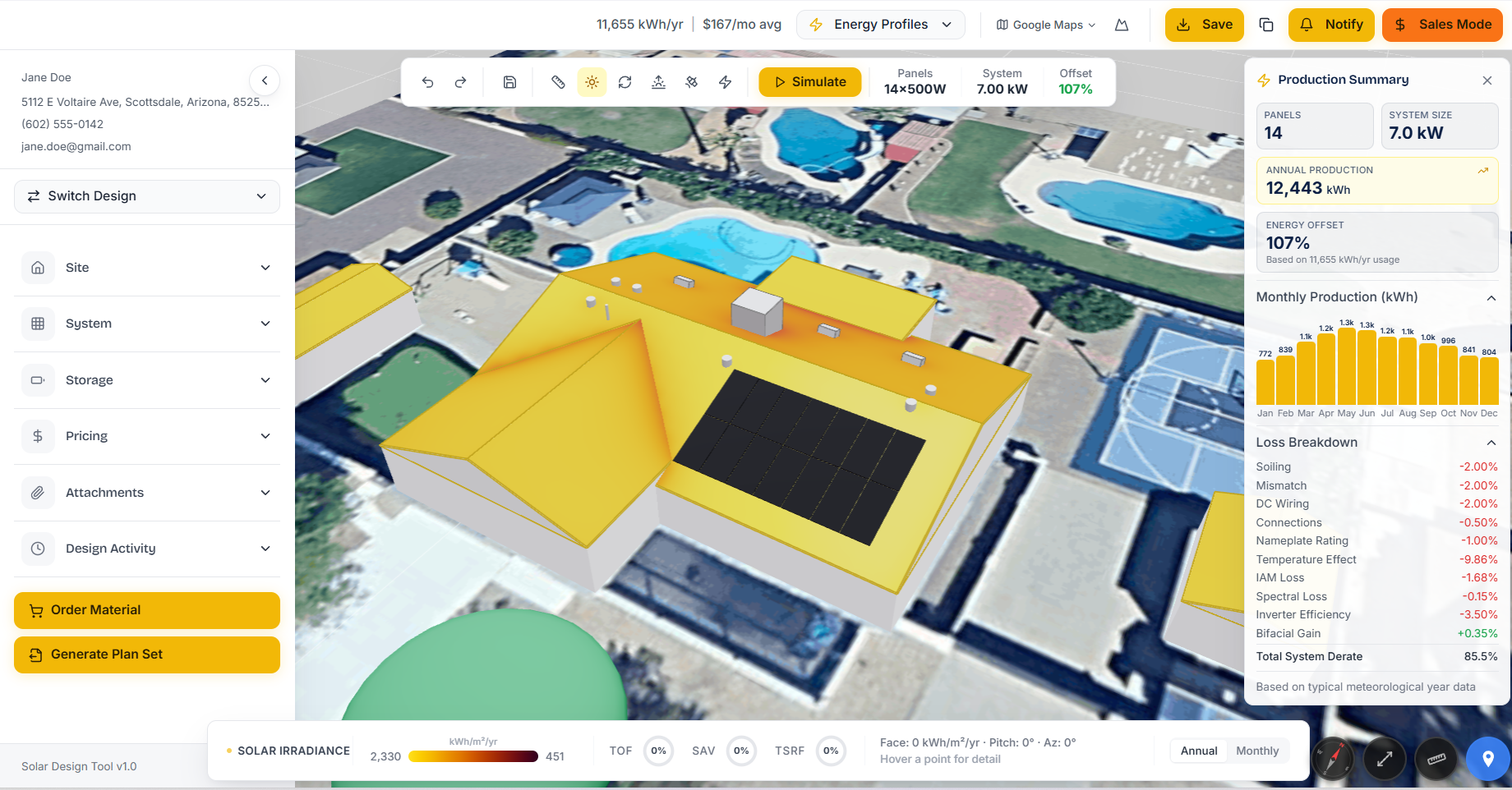 SolarDesk 3D solar design tool with irradiance heatmap
