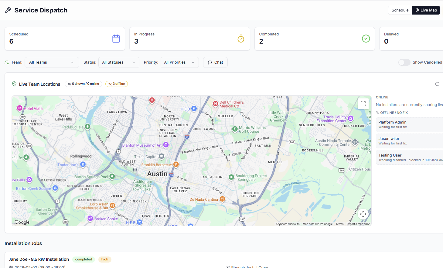 SolarDesk live crew location map — service dispatch