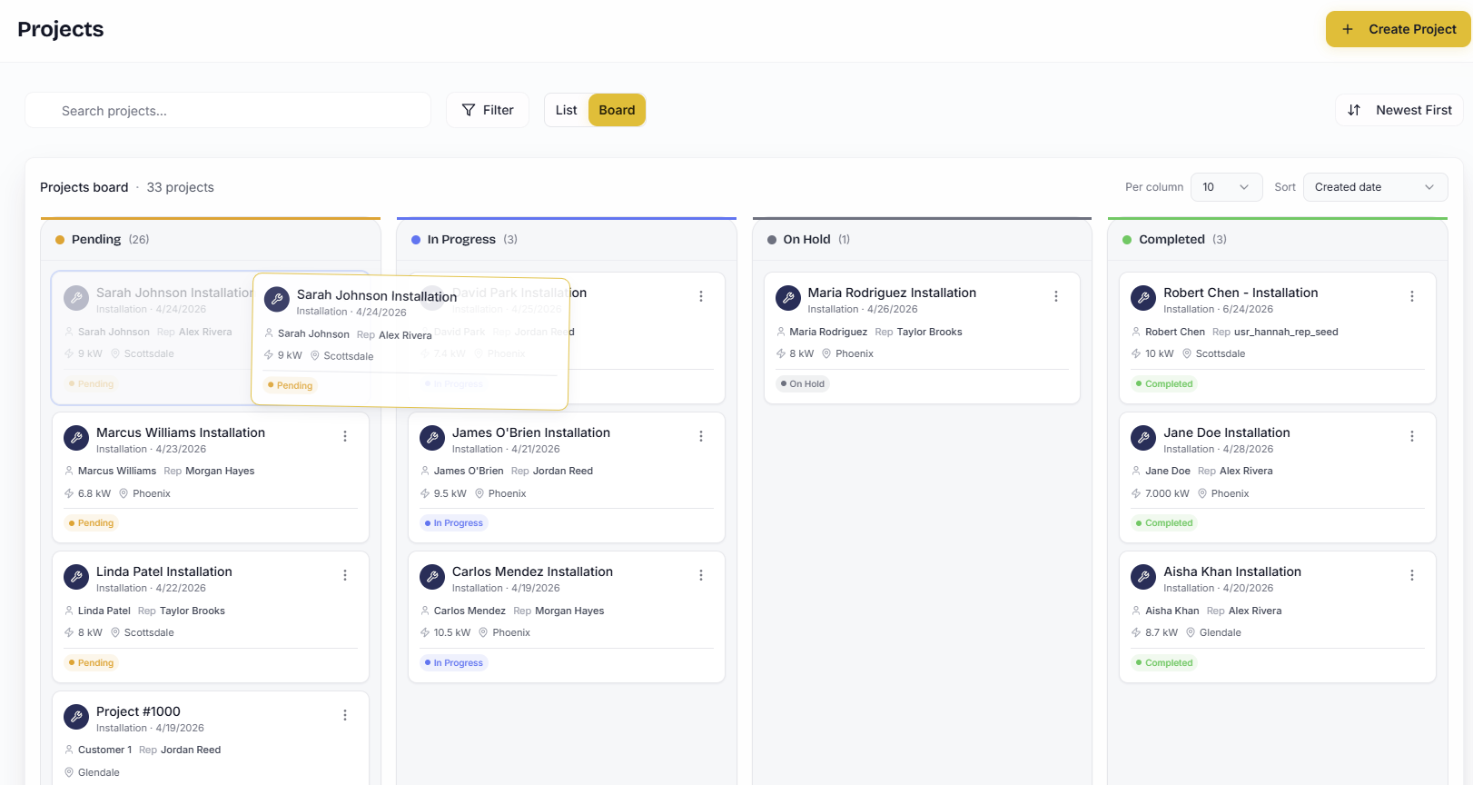 SolarDesk projects kanban board